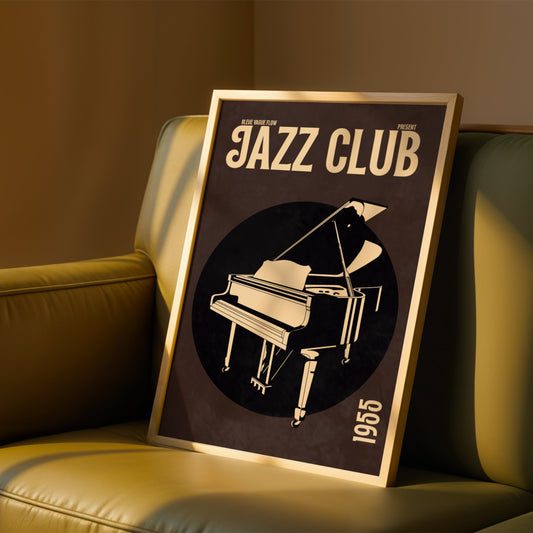 Affiche jazz dans un cadre naturel, mise en scène sur un fauteuil confortable.