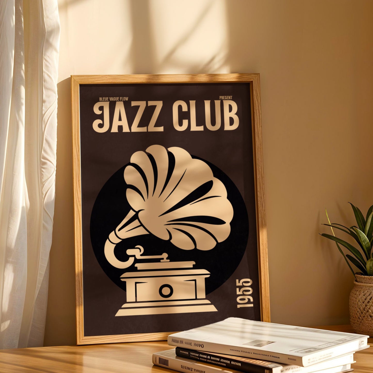 Tableau jazz posé contre un mur, avec décor minimaliste et lumière naturelle.