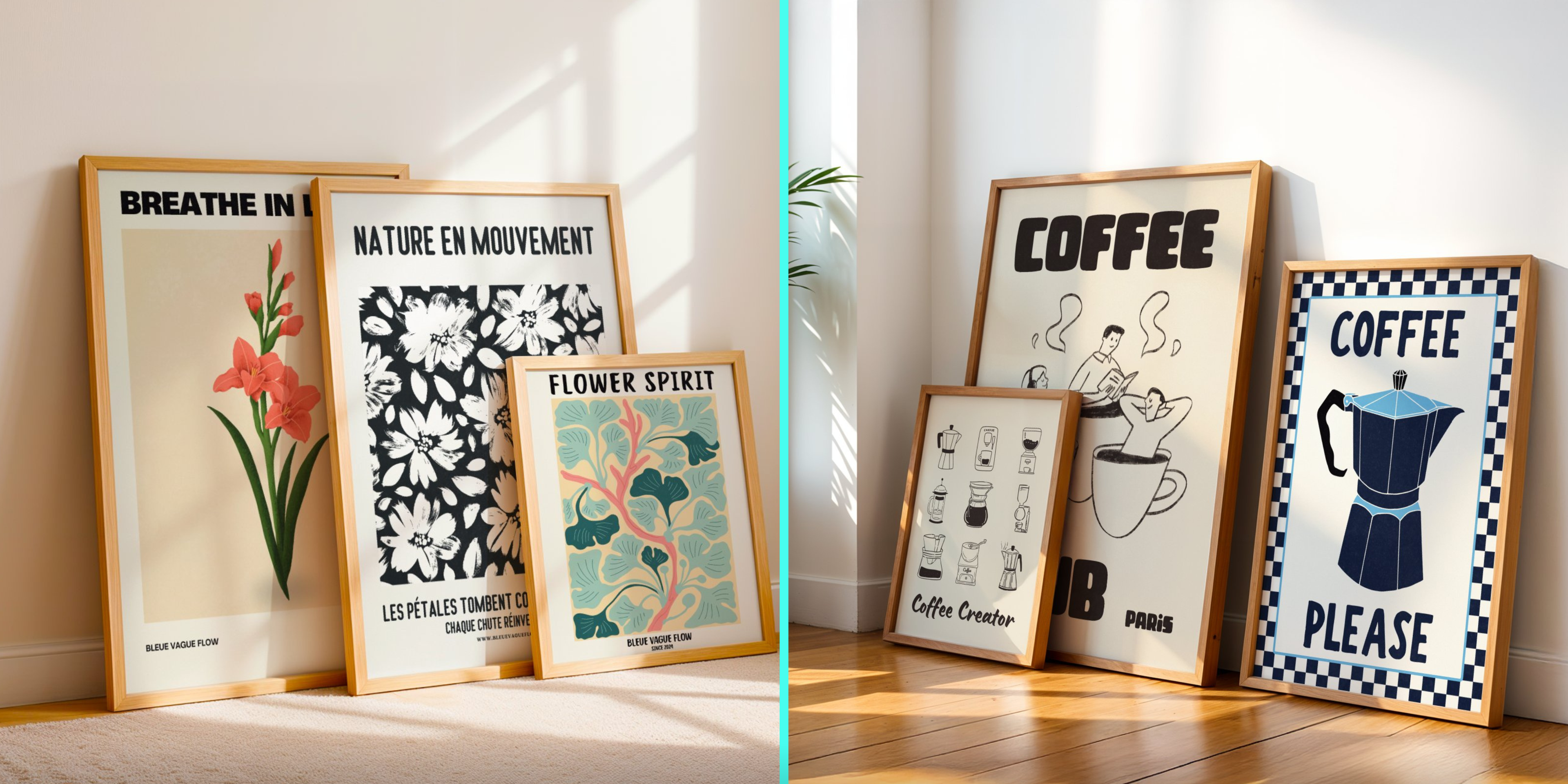 Tableaux de fleurs et de café posés contre le mur