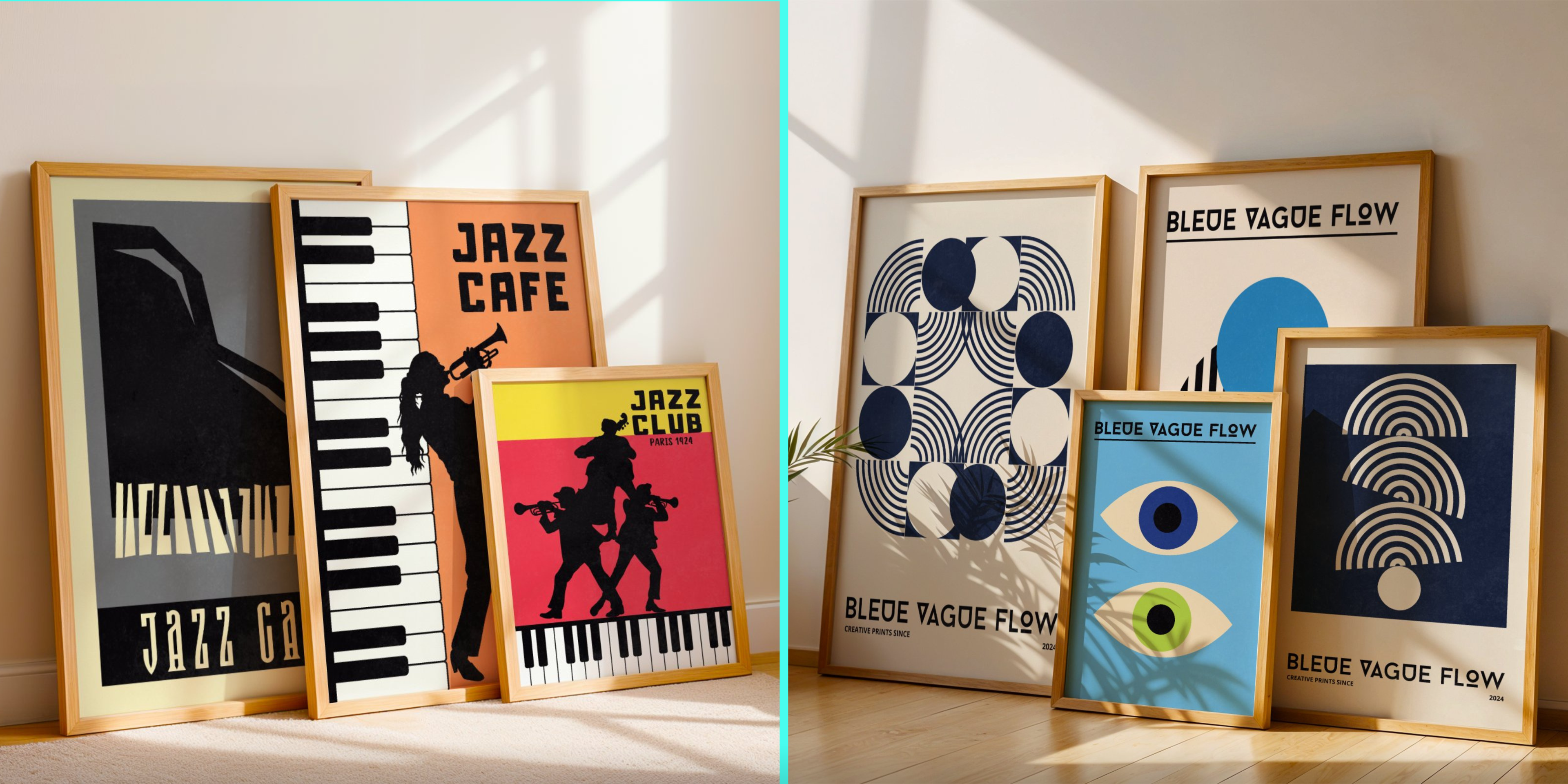 Cadres Bauhaus et Jazz club encadrés en bois posés contre le mur