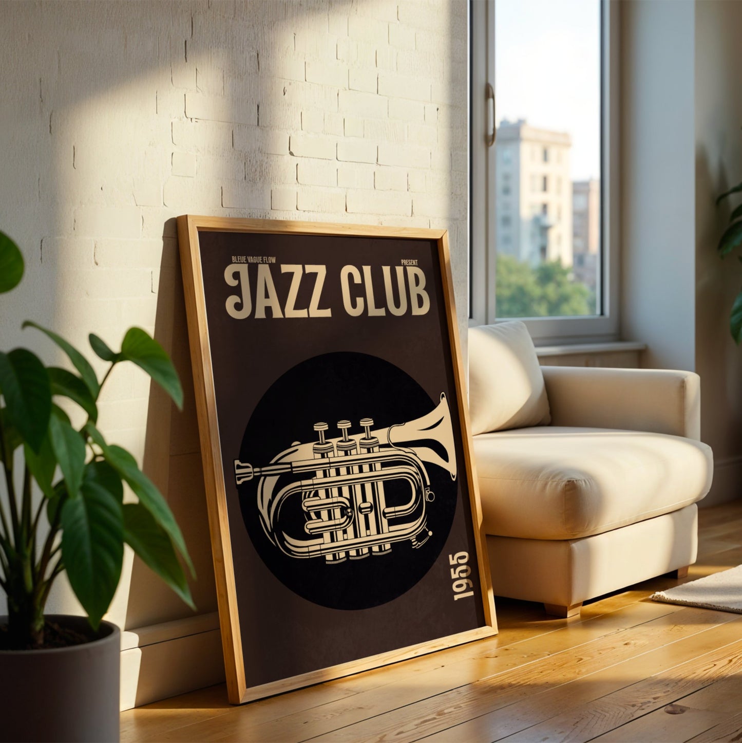 Affiche jazz dans un cadre en bois, posée contre le mur.